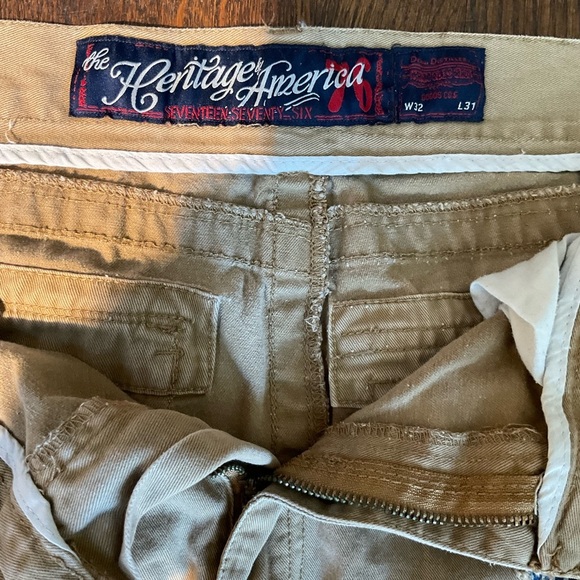 Heritage America Tan Denim Distressed/Patches Cargo Pants, Ribbed Cuffs, 32”x31” - Picture 2 of 9
